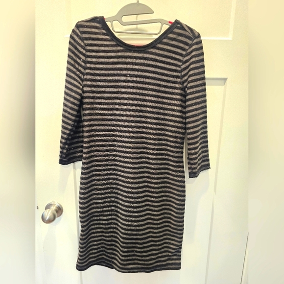 Express Black Gray Striped Sequin Knit Dress Medium - Picture 1 of 9
